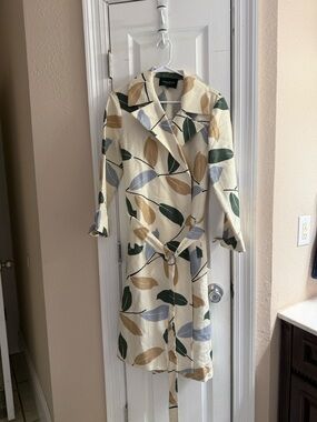 Lafayette 148 Size M Linen Blend Cream Leaf-Print Trench Coat